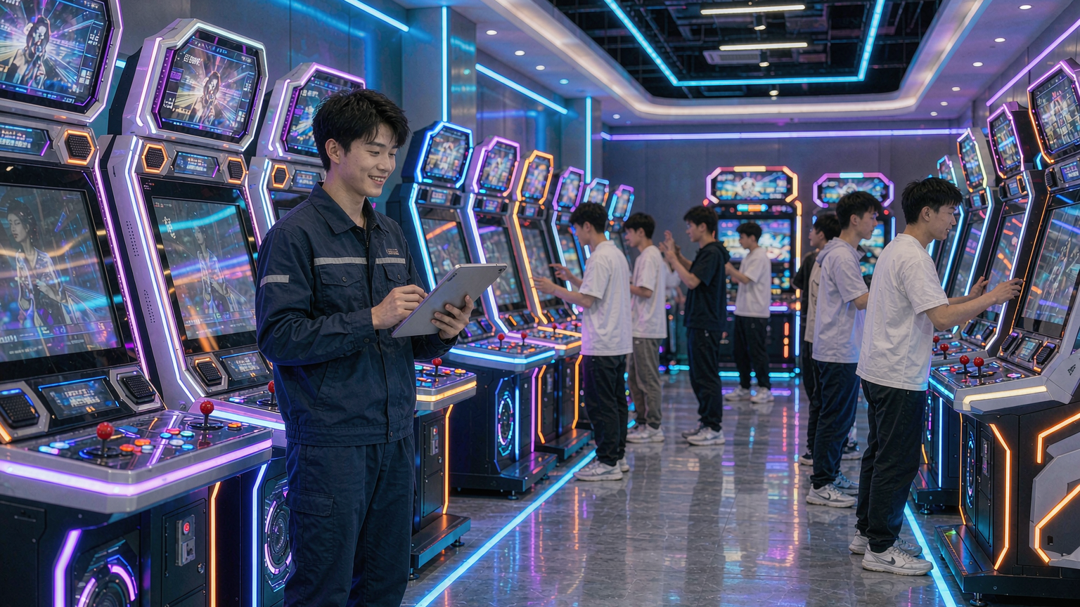 电玩城运营现场:店员用平板做设备巡检,广州史可威动漫科技有限公司