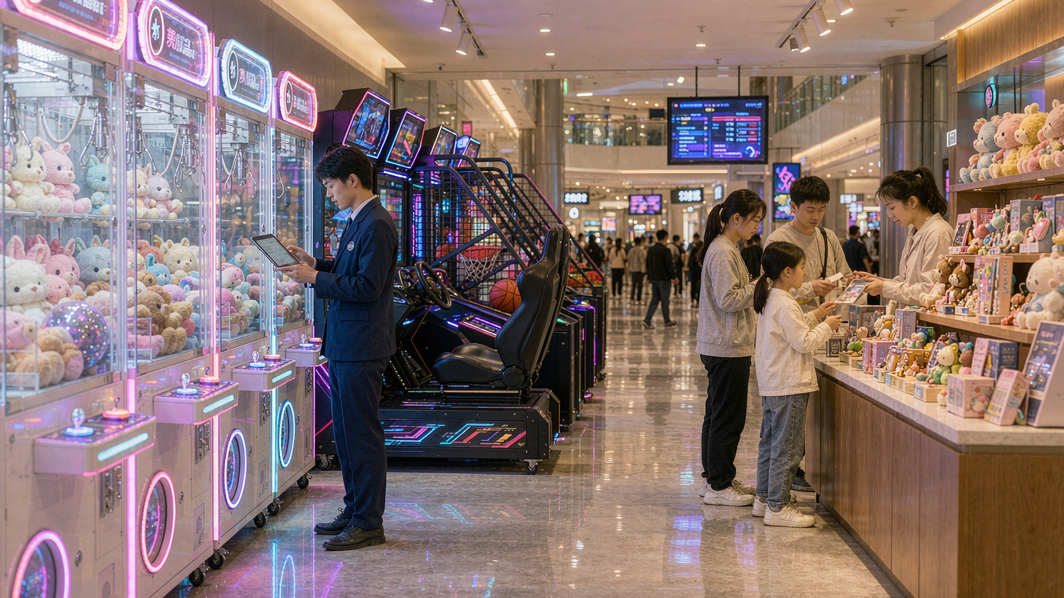 现代化室内电玩城日常运营场景,店员持平板检查游戏机运行状态,一侧设有抓娃娃机与礼品兑换柜台
