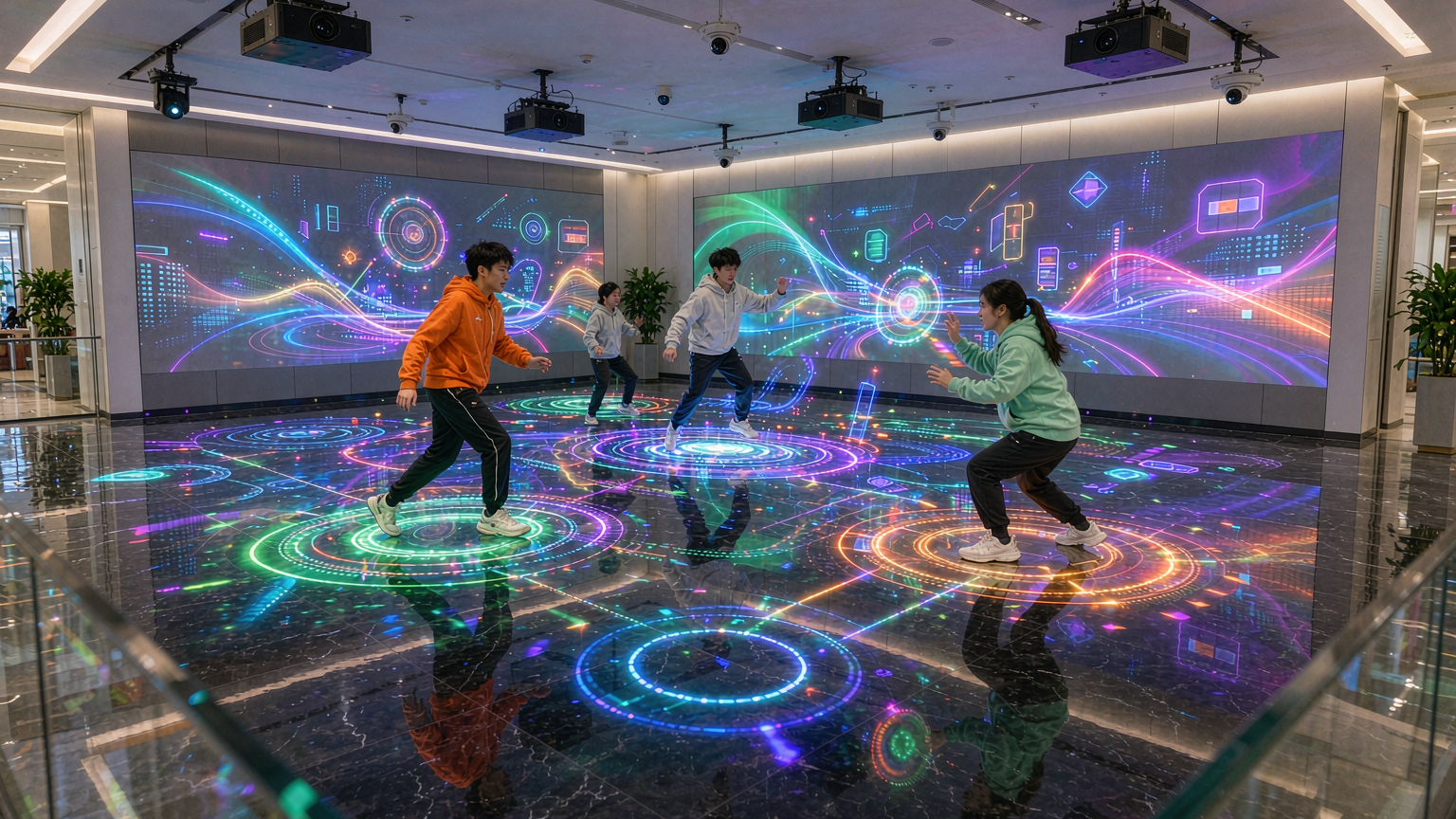 潮玩运动馆互动投影区实景，地面互动投影与墙面投影内容同步呈现，顾客参与光影互动游戏